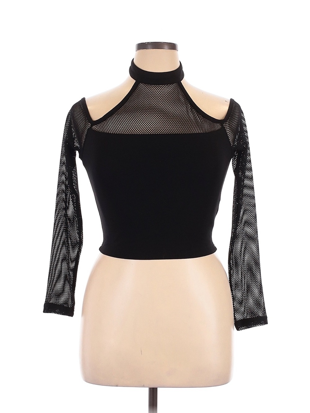 Black Mesh Cold-Shoulder Mock Neck Crop Top